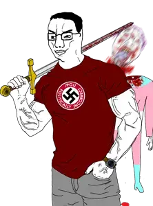 28982 - soybooru.com - bernd blood buff chud chudjak closed_mouth clothes decapitation eyelashes full_body...ing_object holding_sword mustache nazism pol_(4chan) purple_hair severed_head smile smug sonnenrad soyjak stubble swastika.png
