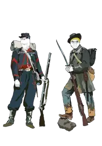 261279 - soybooru.com - 2soyjaks american_civil_war bald bayonet black_eyes blonde_hair blue_hat blue_pants blue_uniform closed_mouth confederacy confederate front_view full_body gapejak glasses gray_hat hair histo.png